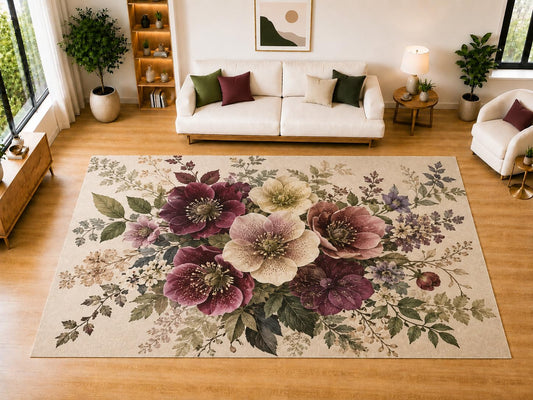 ICE ARMOR "Ultra Light Weight Large 6'7" x 9'10" Mixed Poppy Bouquet Area Rug for Living Room Bedroom Dining Room, Soft Low Pile Non-Slip Backing, Pink Orange Blue Purple Cream Floral Decor