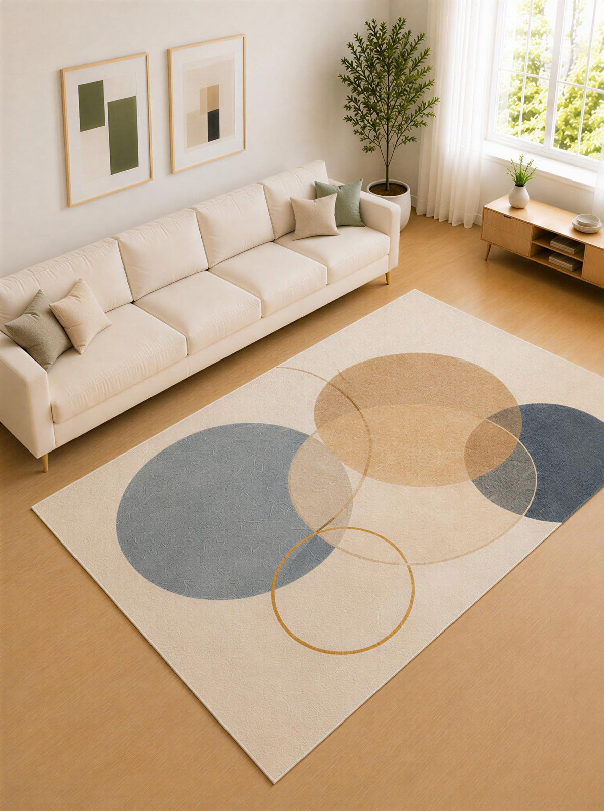 ICE ARMOR Large 6'7" x 9'10" Slate Blue and Beige Overlap Circles Area Rug for Living Room, Soft Low Pile Carpet with Non-Slip Silicone Backing, Decor for Bedroom and Home Office