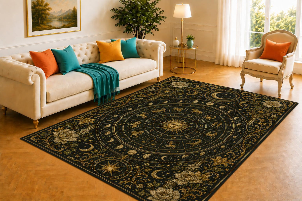 ICE ARMOR 5' x 7' Arcane Celestial Calendar Rug, Zodiac Wheel, Moon Phases and Astral Symbols, Smooth Printed Floor Cover for Bedroom, Study, Meditation Room and Mystical Home Decor