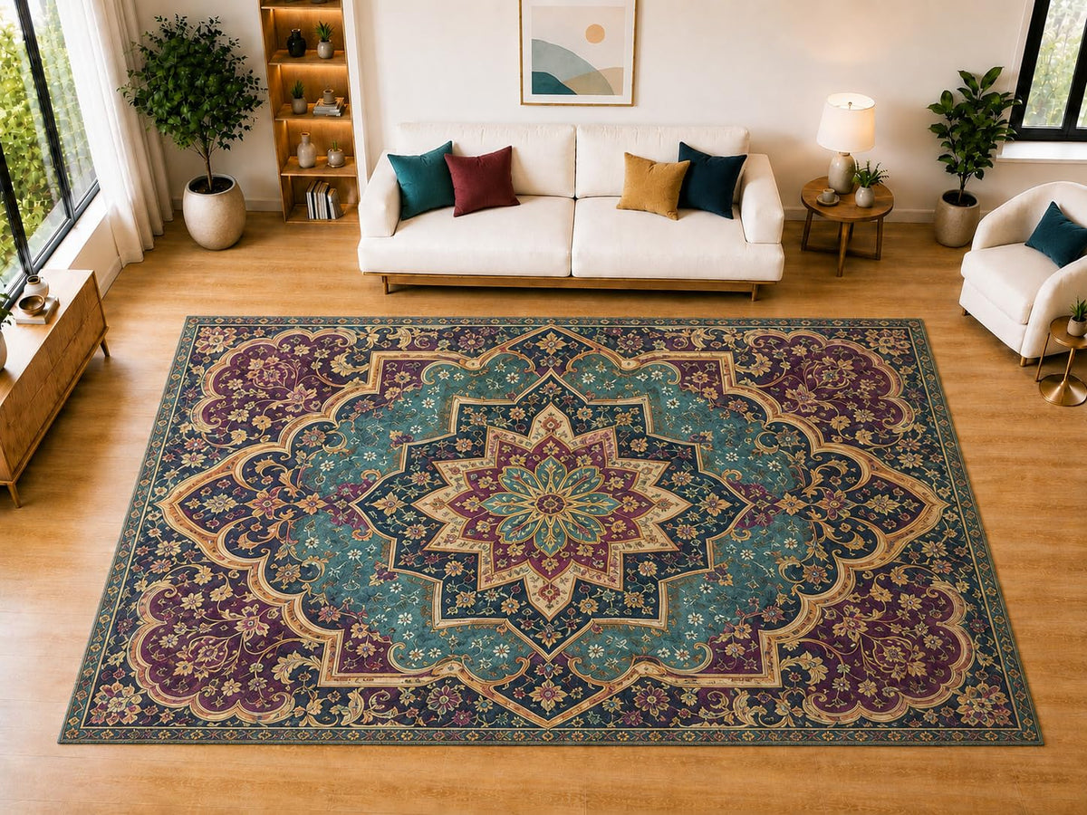 ICE ARMOR "Ultra Light Weight Large 6'7" x 9'10" Imperial Star Medallion Area Rug for Living Room, Bedroom, Dining Room, Soft Low Pile Non-Slip Backing, Teal Plum Navy Golden