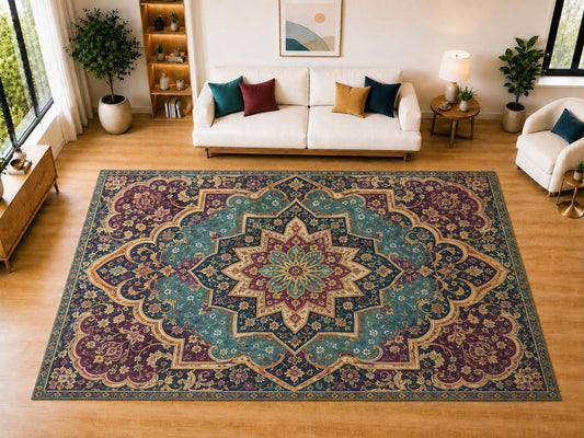 ICE ARMOR "Ultra Light Weight Large 6'7" x 9'10" Imperial Star Medallion Area Rug for Living Room, Bedroom, Dining Room, Soft Low Pile Non-Slip Backing, Teal Plum Navy Golden