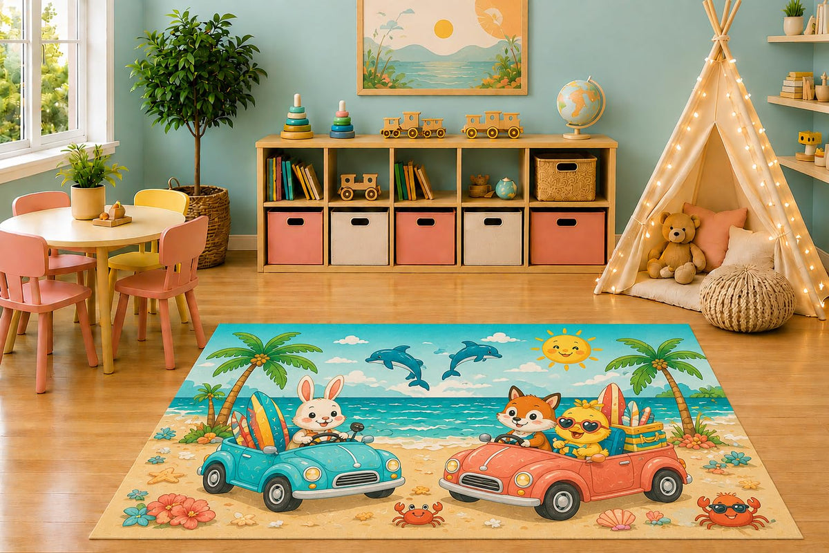 ICE ARMOR 5' x 7' Beach Adventure Animals Area Rug, Cute Bunny Fox Chick Convertible Cars Coastal Ocean Kids Playroom Nursery Bedroom Decor, Non-Slip Silicone Backing Low Pile