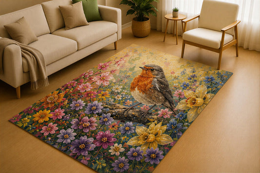 ICE ARMOR 5' x 7' Robin Songbird Wildflower Area Rug for Living Room, Soft Low Pile Indoor Rug with Non-Slip Silicone Backing, Botanical Carpet for Bedroom, Office, Family Room, Brown Multicolor
