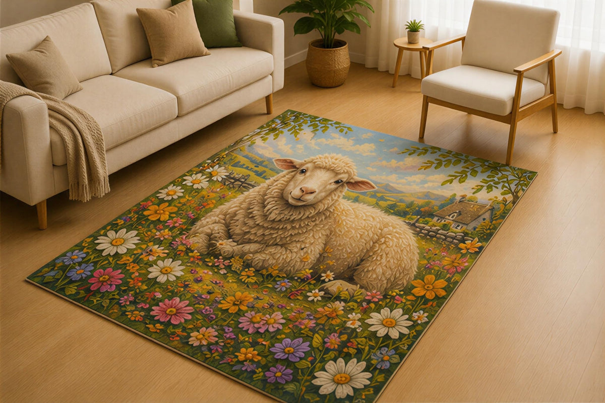 ICE ARMOR 5' x 7' Resting Sheep Wildflower Meadow Area Rug for Living Room, Soft Low Pile Indoor Rug with Non-Slip Silicone Backing, Farmhouse Carpet for Bedroom, Nursery, Kids & Pets, Cream Green