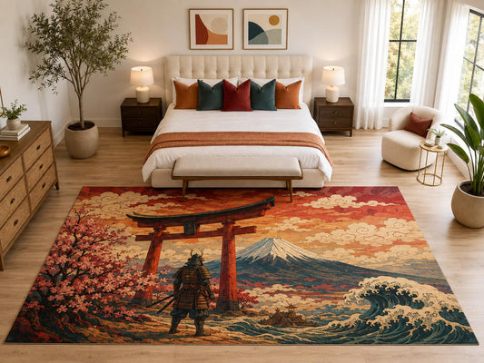 ICE ARMOR "Ultra Light Weight Large 6'7" x 9'10" Samurai Torii Fuji Rug, Soft Low Pile Indoor Rug, Non-Slip Silicone Backing for Living Room Red
