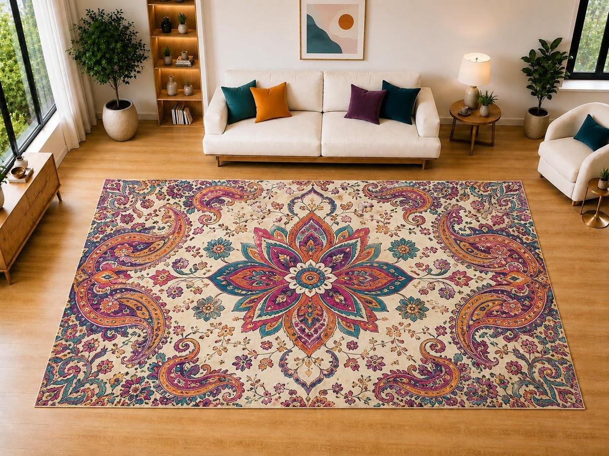 ICE ARMOR "Ultra Light Weight Large 6'7" x 9'10" Floral Paisley Medallion Area Rug for Living Room, Bedroom, Dining Room, Soft Low Pile Non-Slip Backing, Teal Magenta Orange