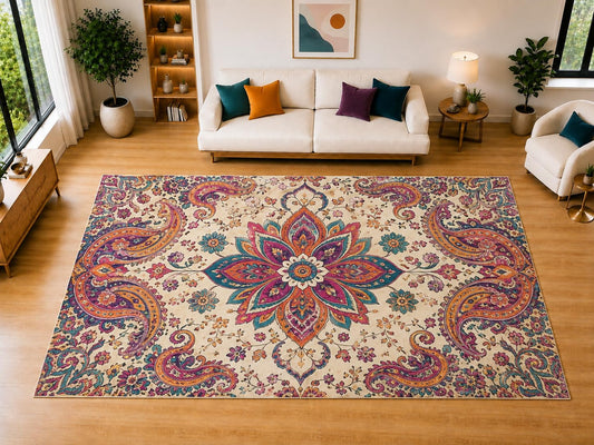 ICE ARMOR "Ultra Light Weight Large 6'7" x 9'10" Floral Paisley Medallion Area Rug for Living Room, Bedroom, Dining Room, Soft Low Pile Non-Slip Backing, Teal Magenta Orange