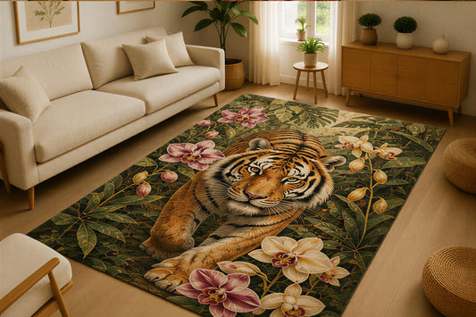ICE ARMOR 5' x 7' Tiger Orchid Garden Area Rug for Living Room, Soft Low Pile Indoor Rug with Non-Slip Silicone Backing, Jungle Floral Decor for Bedroom, Office, Family Room, Orange Green