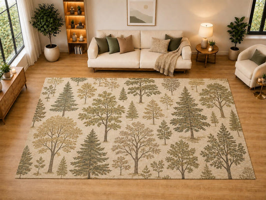 ICE ARMOR "Ultra Light Weight Large 6'7" x 9'10" Woodland Tree Scatter Area Rug for Living Room, Bedroom, Dining Room, Soft Low Pile Non-Slip Backing, Olive Beige
