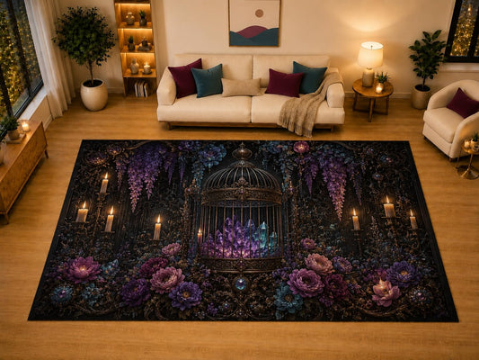 ICE ARMOR "Ultra Light Weight Large 6'7" x 9'10" Crystal Birdcage Floral Gothic Area Rug for Living Room Bedroom Dining Area, Soft Low Pile Non-Slip Backing, Purple Teal Dark Fantasy Decor