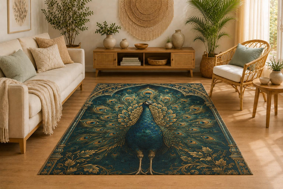 ICE ARMOR 5' x 7' Majestic Peacock Area Rug, Soft Low Pile Indoor Rug with Non-Slip Silicone Backing, Decorative Carpet for Living Room, Bedroom, Dining Room, Office, Ornate Bird Design