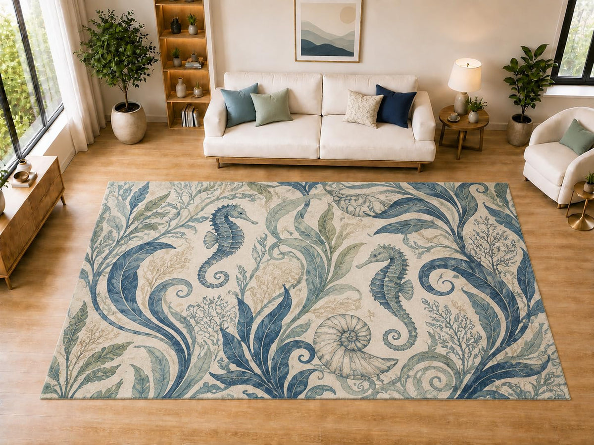 ICE ARMOR "Ultra Light Weight Large 6'7" x 9'10" Seahorse Nautilus Botanical Area Rug for Living Room, Bedroom, Dining Room, Soft Low Pile Non-Slip Backing, Navy Sage