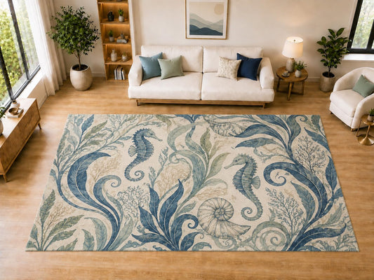 ICE ARMOR "Ultra Light Weight Large 6'7" x 9'10" Seahorse Nautilus Botanical Area Rug for Living Room, Bedroom, Dining Room, Soft Low Pile Non-Slip Backing, Navy Sage