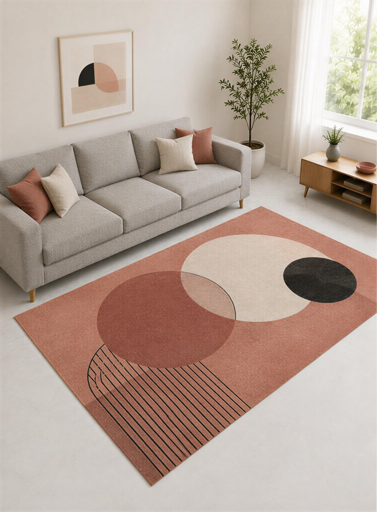 ICE ARMOR "Ultra Lightweight Large 6'7" x 9'10" Terracotta and Cream Overlapping Circle Abstract Area Rug for Living Room, Bedroom and Home Office, Soft Low Pile Carpet with Non-Slip Silicone Backing