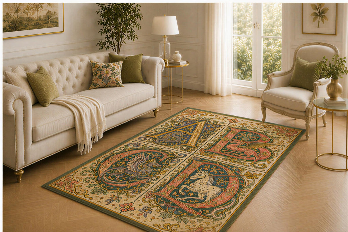 ICE ARMOR 5' x 7' Medieval Bestiary Rug, Heraldic Lion, Griffin, Serpent and Swan Panels, Smooth Printed Floor Cover for Bedroom, Study, Library and Fantasy Home Decor