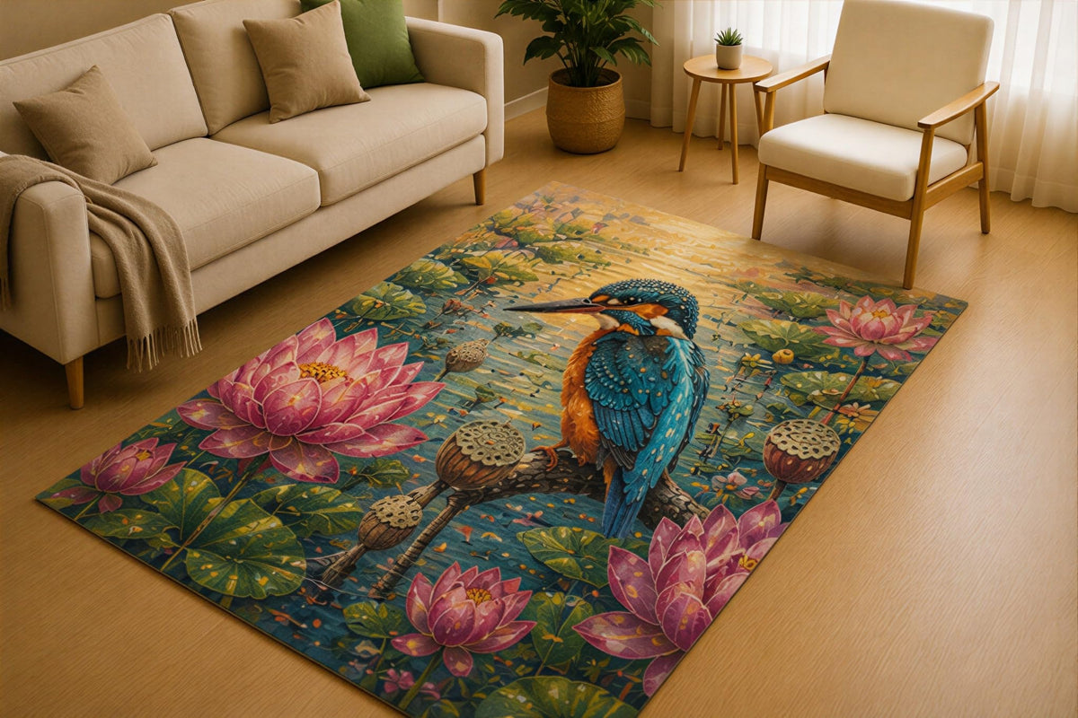ICE ARMOR 5' x 7' Kingfisher Water Lily Pond Area Rug for Living Room, Soft Low Pile Indoor Rug with Non-Slip Silicone Backing, Nature Carpet for Bedroom, Office, Family Room, Blue Pink