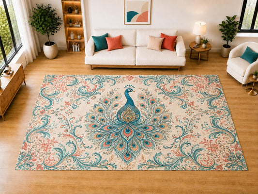 ICE ARMOR "Ultra Light Weight Large 6'7" x 9'10" Peacock Floral Scroll Area Rug for Living Room, Bedroom, Dining Room, Soft Low Pile Non-Slip Backing, Teal Coral