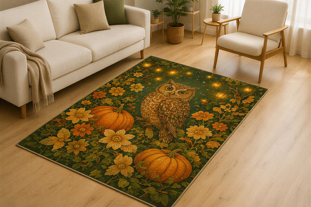 ICE ARMOR 5' x 7' Autumn Owl Pumpkin Area Rug for Living Room, Soft Low Pile Indoor Rug with Non-Slip Silicone Backing, Fall Harvest Carpet for Bedroom, Family Room, Kids & Pets, Green Orange