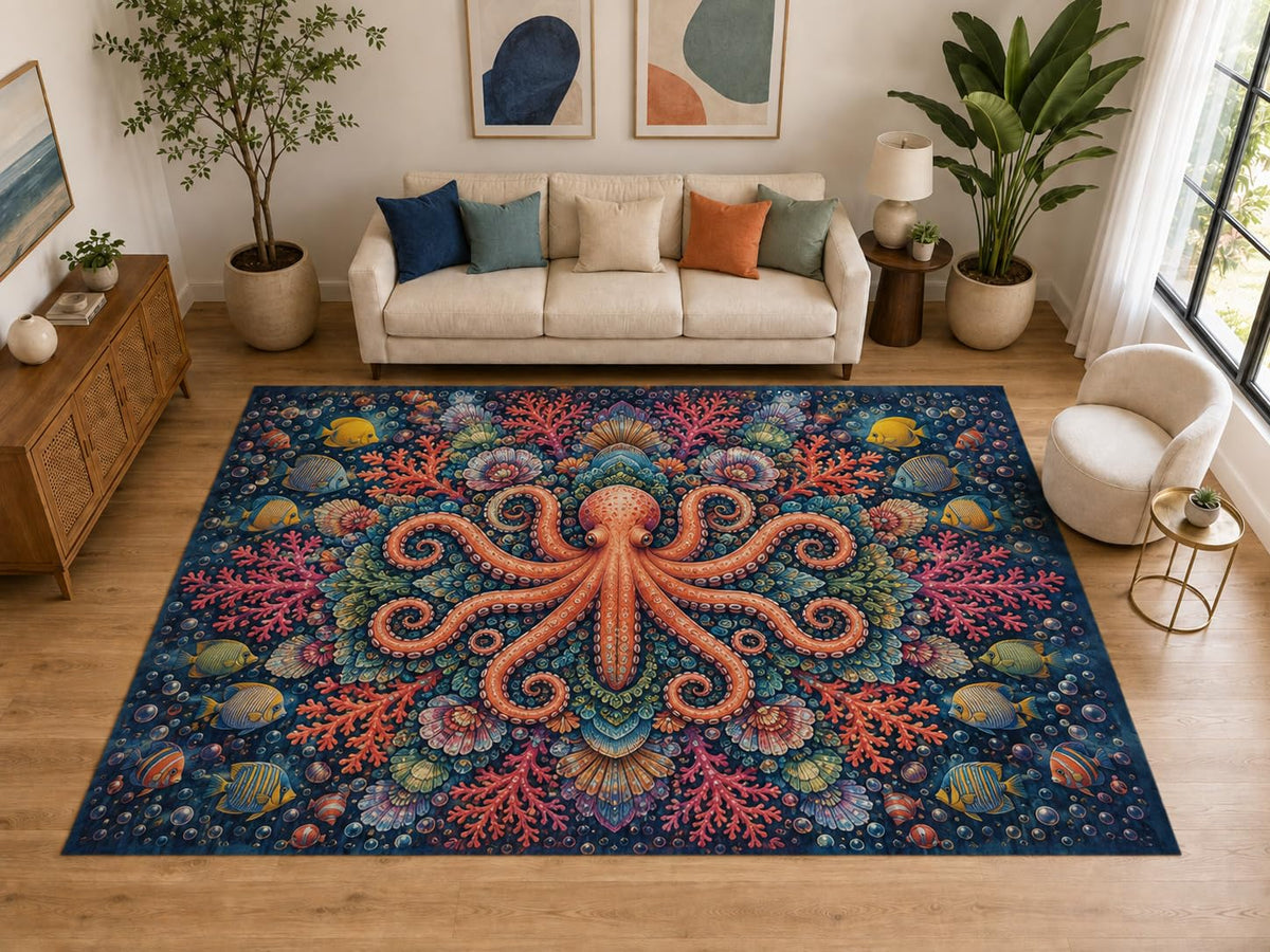 ICE ARMOR "Ultra Light Weight Large 6'7" x 9'10" Octopus Coral Mandala Rug for Bedroom, Soft Low Pile Indoor Rug and Non-Slip Silicone Backing, Blue