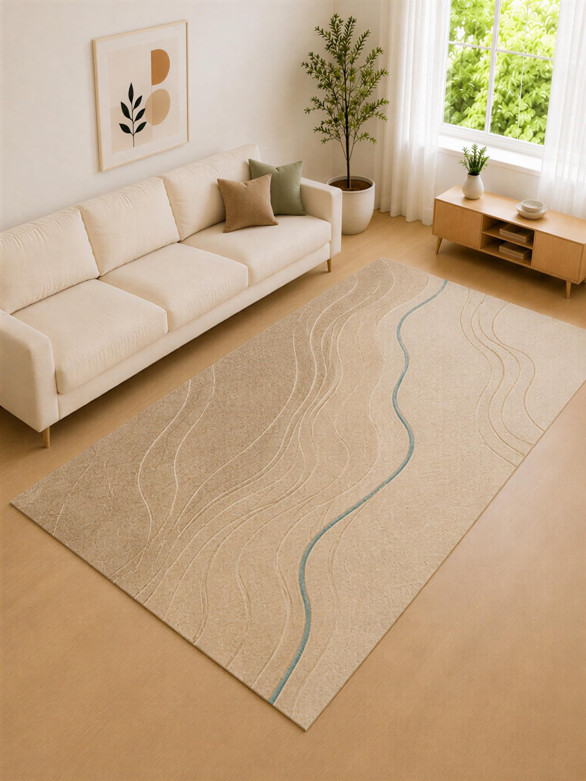 ICE ARMOR Large 6'7" x 9'10" Beige and Teal Minimal Waves Area Rug for Living Room, Soft Low Pile Carpet with Non-Slip Silicone Backing, Decor for Bedroom and Home Office