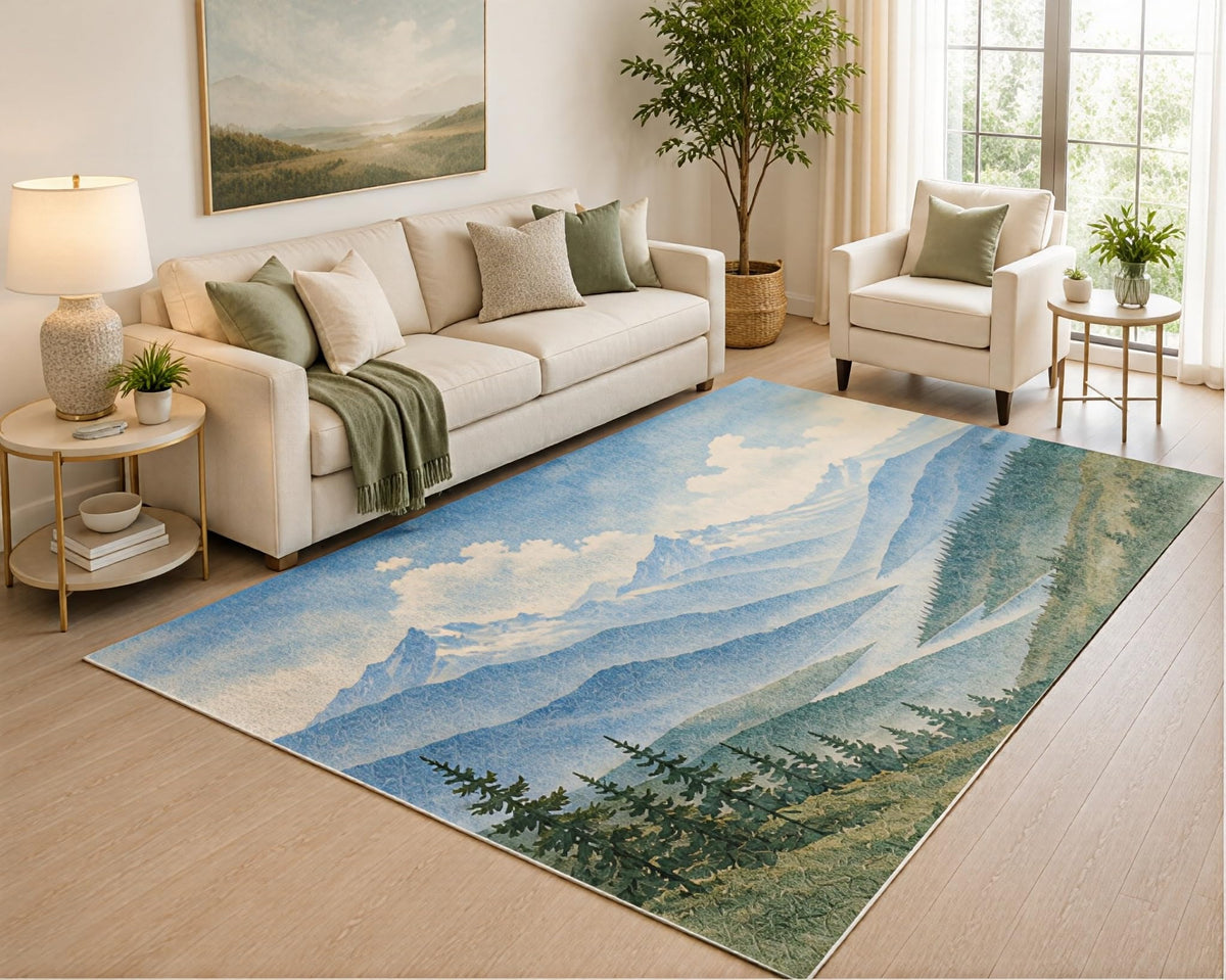ICE ARMOR 5' x 7' Mountain Landscape Area Rug, Blue Nature Forest Scenic Watercolor Design for Living Room Bedroom Cabin, Non-Slip Silicone Backing, Low Pile Carpet