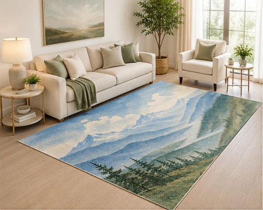 ICE ARMOR 5' x 7' Mountain Landscape Area Rug, Blue Nature Forest Scenic Watercolor Design for Living Room Bedroom Cabin, Non-Slip Silicone Backing, Low Pile Carpet