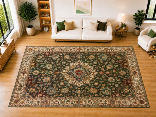 ICE ARMOR "Ultra Light Weight Large 6'7" x 9'10" Forest Medallion Border Area Rug for Living Room, Bedroom, Dining Room, Soft Low Pile Non-Slip Backing, Green Ivory Rust