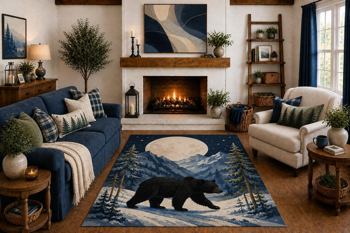 ICE ARMOR "Ultra Light Weight 5' x 7' Black Bear Moon Area Rug, Winter Mountain Pine Forest Wildlife Art for Living Room Cabin Lodge Bedroom, Non-Slip Silicone Backing Low Pile