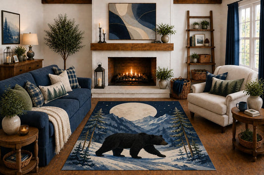 ICE ARMOR "Ultra Light Weight 5' x 7' Black Bear Moon Area Rug, Winter Mountain Pine Forest Wildlife Art for Living Room Cabin Lodge Bedroom, Non-Slip Silicone Backing Low Pile
