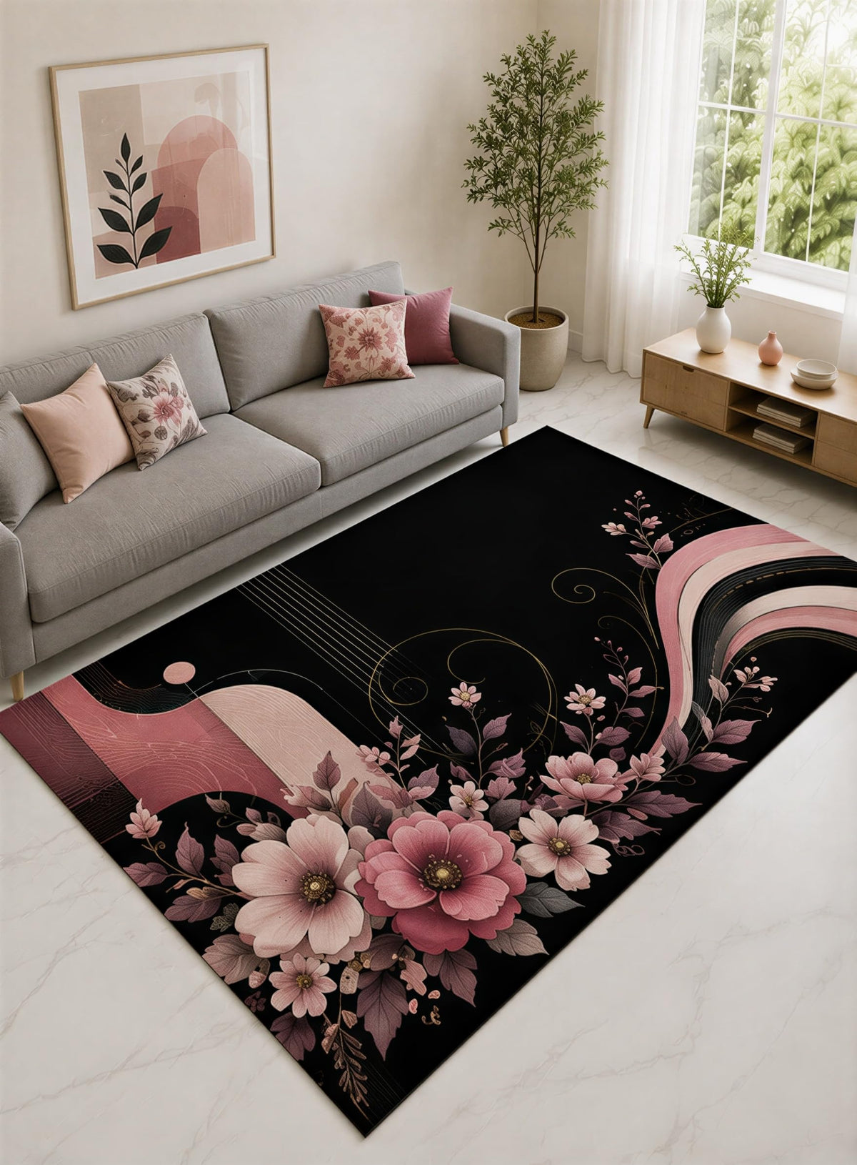 ICE ARMOR "Ultra Lightweight Large 6'7" x 9'10" Pink and Black Romantic Blossom Wave Area Rug for Living Room, Bedroom and Home Office, Soft Low Pile Carpet with Non-Slip Silicone Backing