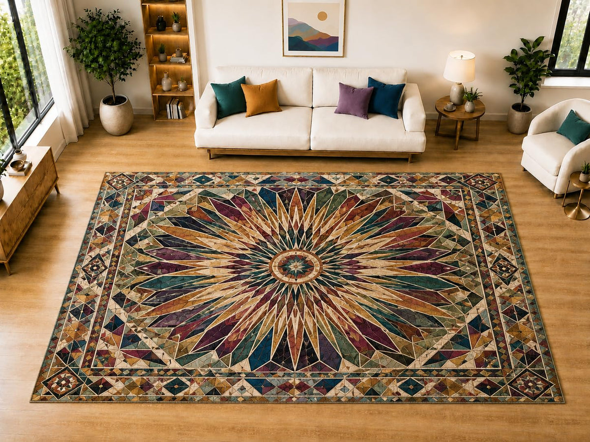 ICE ARMOR "Ultra Light Weight Large 6'7" x 9'10" Starburst Mosaic Area Rug for Living Room Bedroom Dining Room, Soft Low Pile Non-Slip Backing, Teal Burgundy Green Beige Geometric Floor Decor