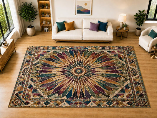 ICE ARMOR "Ultra Light Weight Large 6'7" x 9'10" Starburst Mosaic Area Rug for Living Room Bedroom Dining Room, Soft Low Pile Non-Slip Backing, Teal Burgundy Green Beige Geometric Floor Decor