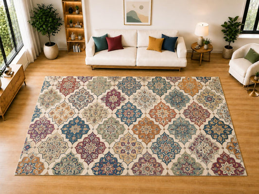 ICE ARMOR "Ultra Light Weight Large 6'7" x 9'10" Quatrefoil Tile Area Rug for Living Room Bedroom Dining Room, Soft Low Pile Non-Slip Backing, Teal Burgundy Orange Cream Floral Decor