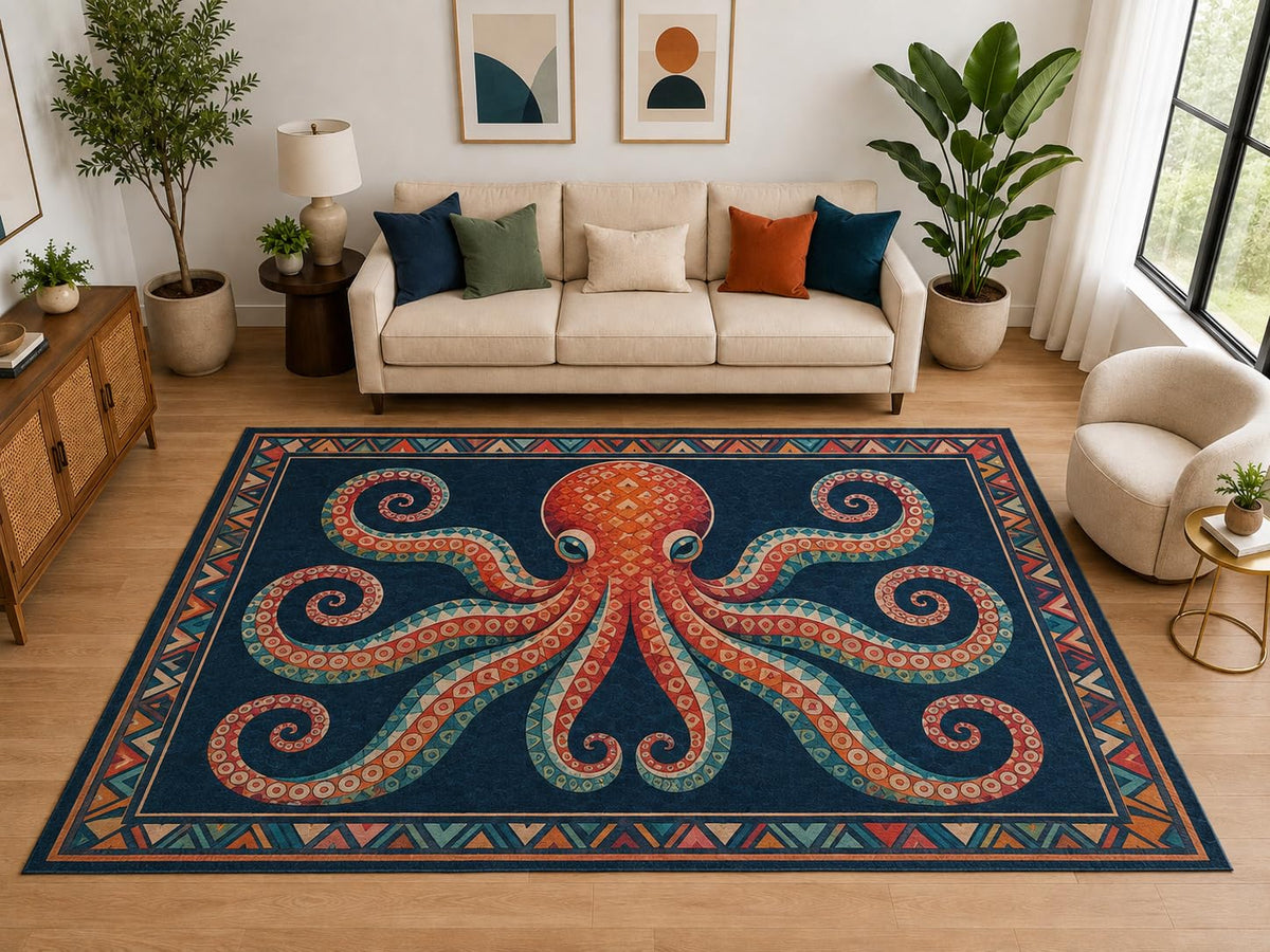 ICE ARMOR "Ultra Light Weight Large 6'7" x 9'10" Tribal Octopus Rug, Soft Low Pile Indoor Rug, Non-Slip Silicone Backing for Living Room Navy