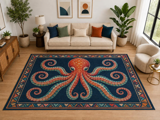 ICE ARMOR "Ultra Light Weight Large 6'7" x 9'10" Tribal Octopus Rug, Soft Low Pile Indoor Rug, Non-Slip Silicone Backing for Living Room Navy