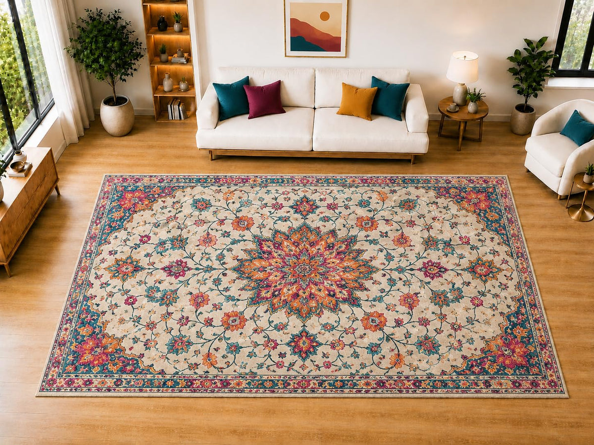 ICE ARMOR "Ultra Light Weight Large 6'7" x 9'10" Persian Floral Medallion Area Rug for Living Room, Bedroom, Dining Room, Soft Low Pile Non-Slip Backing, Teal Fuchsia Orange