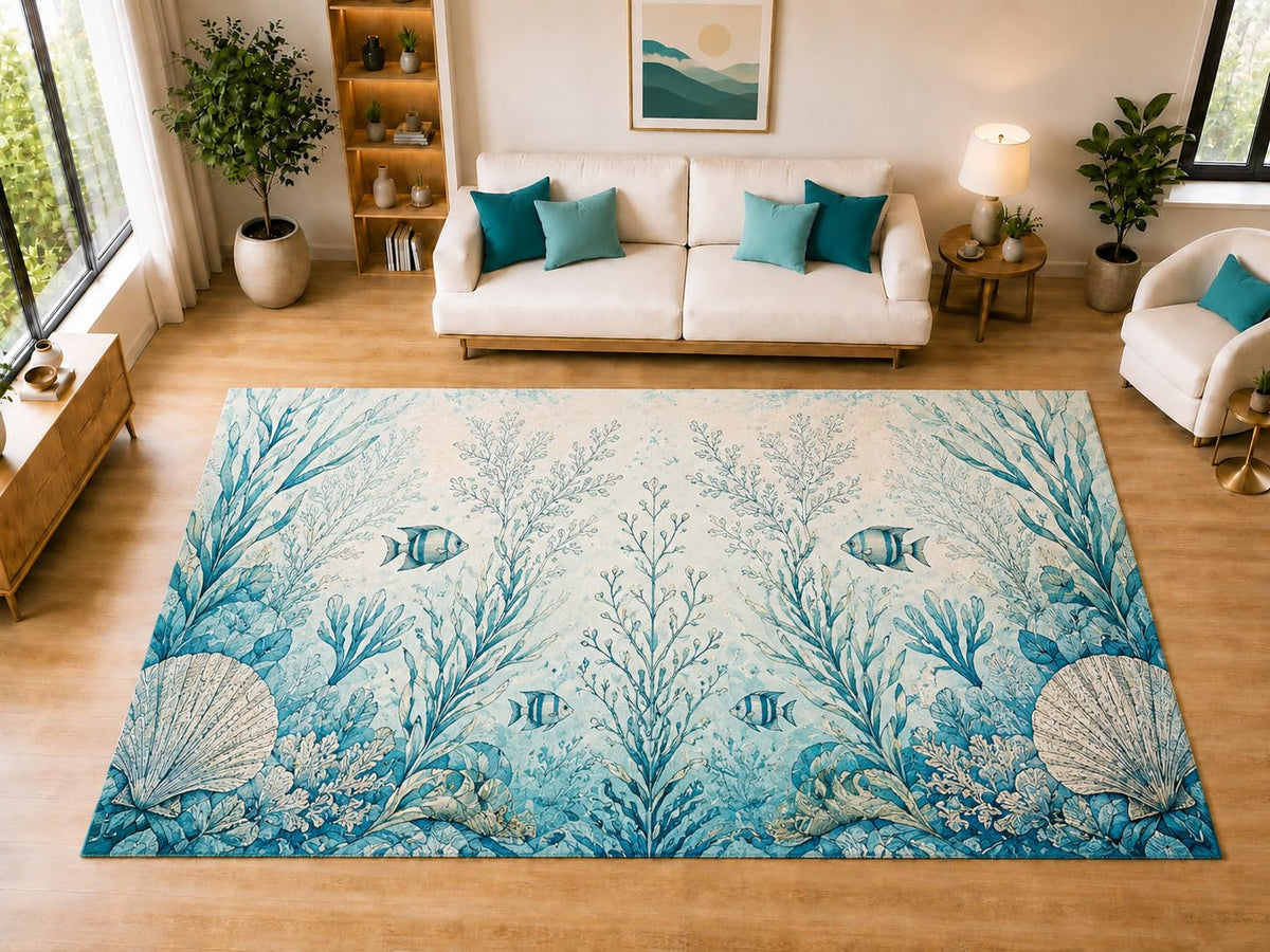 ICE ARMOR "Ultra Light Weight Large 6'7" x 9'10" Tropical Fish Reef Area Rug for Dining, Living Room, Bedroom, Soft Low Pile Indoor Rug with Non-Slip Silicone Backing, Aqua Cream