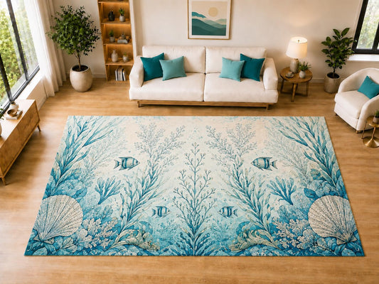 ICE ARMOR "Ultra Light Weight Large 6'7" x 9'10" Tropical Fish Reef Area Rug for Dining, Living Room, Bedroom, Soft Low Pile Indoor Rug with Non-Slip Silicone Backing, Aqua Cream