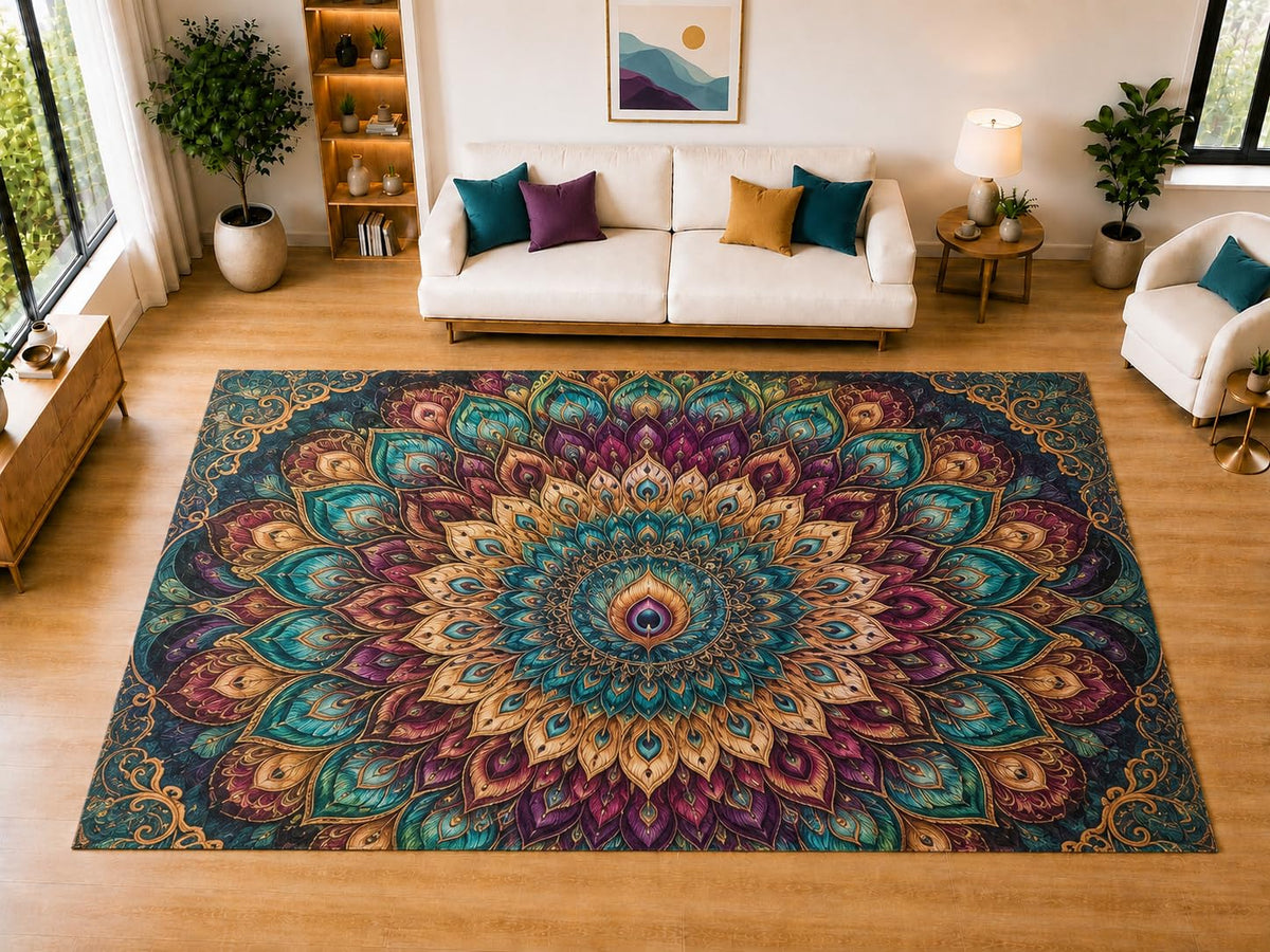 ICE ARMOR "Ultra Light Weight Large 6'7" x 9'10" Peacock Plume Mandala Area Rug for Living Room, Bedroom, Dining Room, Soft Low Pile Non-Slip Backing, Teal Plum Aqua Golden