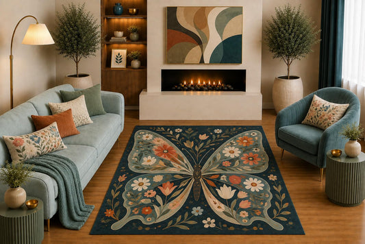 ICE ARMOR "Ultra Light Weight 5' x 7' Floral Butterfly Area Rug Vintage Botanical Art in Teal Sage Coral for Living Room Bedroom Dining Room Office Non-Slip Silicone Backing Low Pile