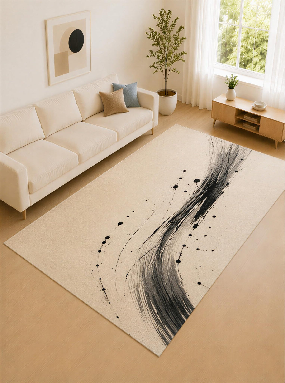 ICE ARMOR Large 6'7" x 9'10" Black and Beige Rising Brush Area Rug for Living Room, Soft Low Pile Carpet with Non-Slip Silicone Backing, Decor for Bedroom and Home Office