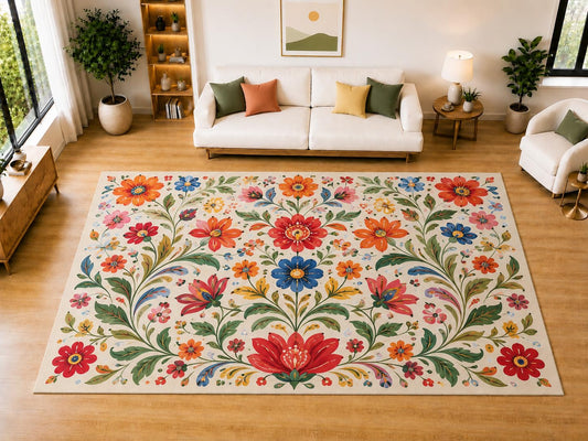 ICE ARMOR "Ultra Light Weight Large 6'7 x 9'10 Colorful Folk Floral Garden Area Rug for Living Room, Dining Room, and Bedroom, Soft Low Pile Indoor Rug, Decorative Floor Decor
