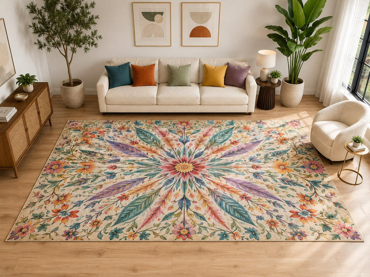 ICE ARMOR "Ultra Light Weight Large 6'7" x 9'10" Floral Burst Rug, Soft Low Pile Indoor Rug, Non-Slip Silicone Backing for Living Room Beige