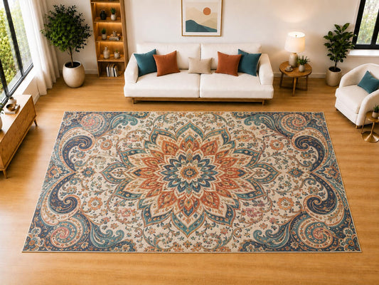 ICE ARMOR "Ultra Light Weight Large 6'7" x 9'10" Botanical Floral Scroll Area Rug for Living Room, Bedroom, Dining Room, Soft Low Pile Non-Slip Backing, Teal Pink Purple