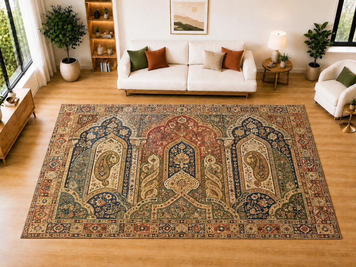 ICE ARMOR "Ultra Light Weight Large 6'7" x 9'10" Archway Paisley Area Rug for Living Room, Bedroom, Dining Room, Soft Low Pile Non-Slip Backing, Rust Navy Green Beige