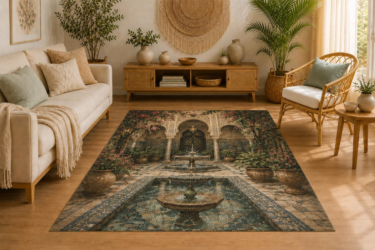 ICE ARMOR 5' x 7' Moroccan Courtyard Fountain Area Rug for Living Room, Soft Low Pile Indoor Rug with Non-Slip Silicone Backing, Decorative Carpet for Bedroom, Dining Room, Office, Blue
