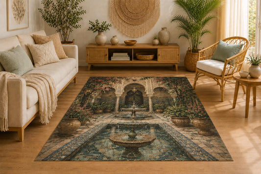 ICE ARMOR 5' x 7' Moroccan Courtyard Fountain Area Rug for Living Room, Soft Low Pile Indoor Rug with Non-Slip Silicone Backing, Decorative Carpet for Bedroom, Dining Room, Office, Blue