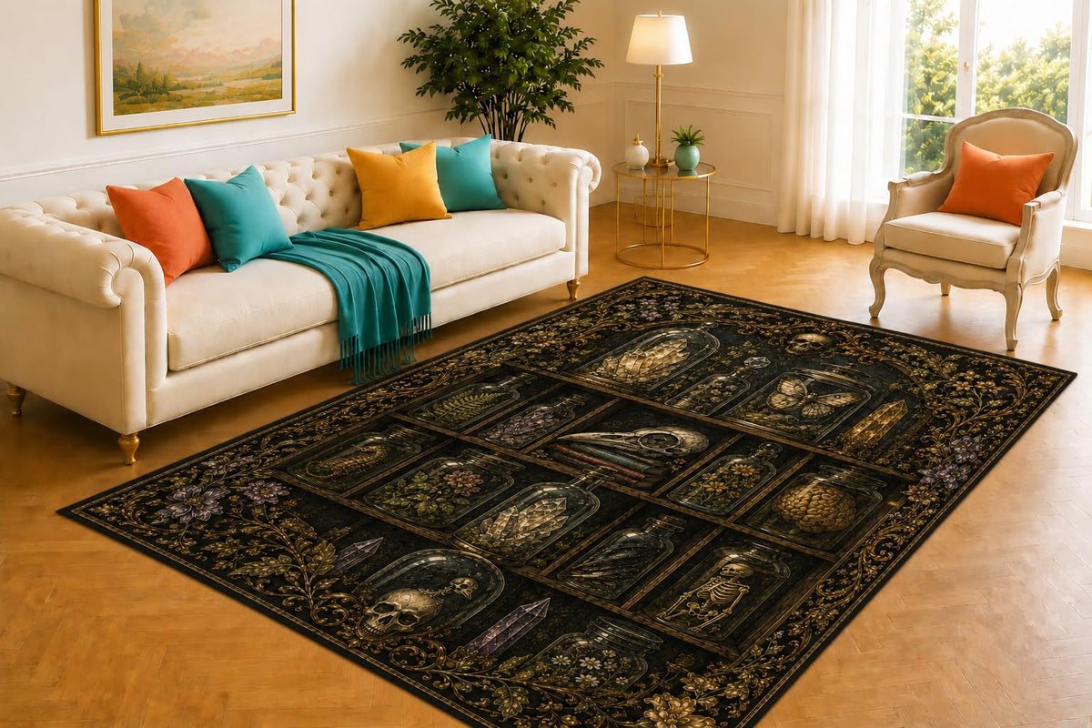 ICE ARMOR 5' x 7' Curiosity Cabinet Rug, Crystal Bottle and Specimen Display Design, Smooth Printed Floor Cover for Office, Study, Library and Gothic Decor