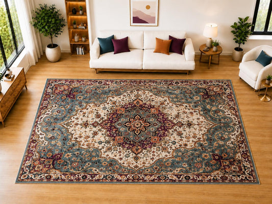 ICE ARMOR "Ultra Light Weight Large 6'7" x 9'10" Ornate Slate Floral Medallion Area Rug for Living Room, Bedroom, Dining Room, Soft Low Pile Non-Slip Backing, Slate Burgundy Ivory
