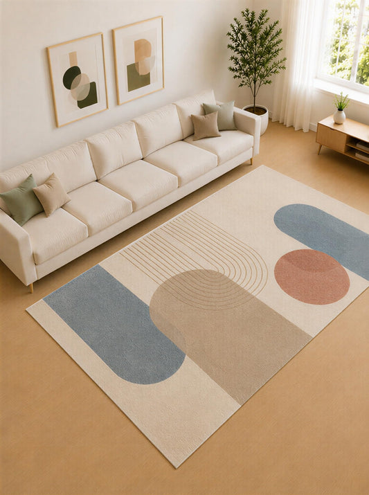 ICE ARMOR Large 6'7" x 9'10" Dusty Blue and Beige Modern Shapes Area Rug for Living Room, Soft Low Pile Carpet with Non-Slip Silicone Backing, Decor for Bedroom and Home Office